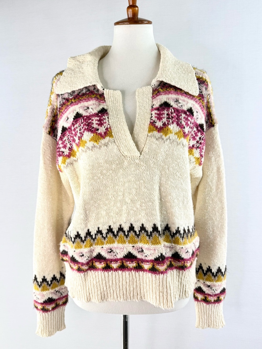 Sundance Calder Cream Fair Isle Knit Split V-Neck Wool Blend Sweater